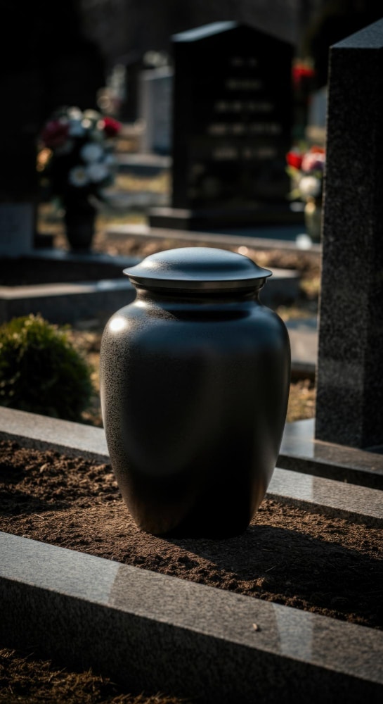 Urne auf einem Friedhof bei der Beisetzung einer Feuerbestattung